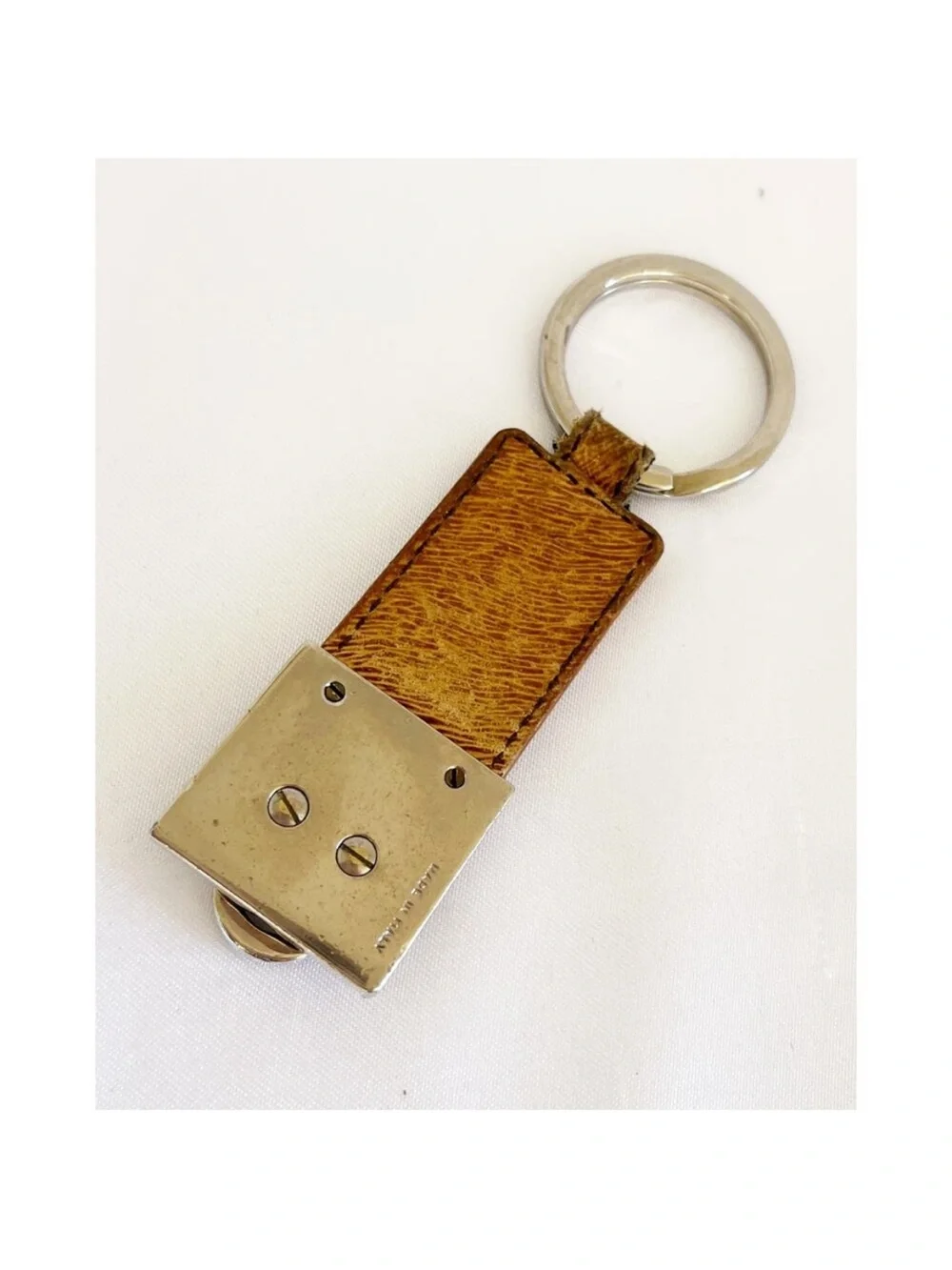 Salvatore Ferragamo Tan Leather Keyring with Silver-Tone Hardware